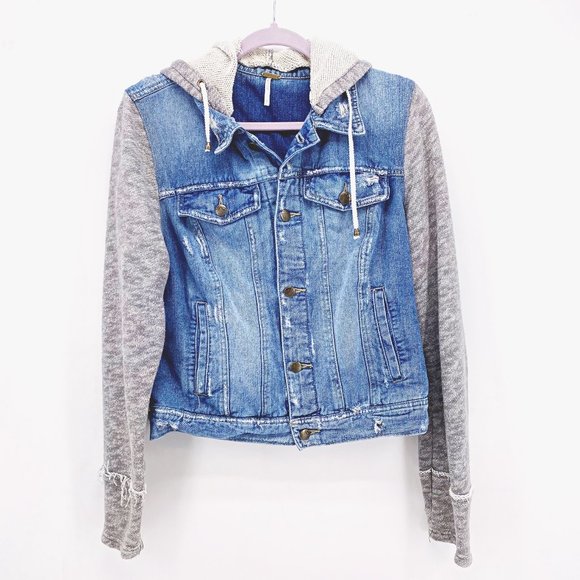 Free People Knit Hooded Denim Distressed Jacket